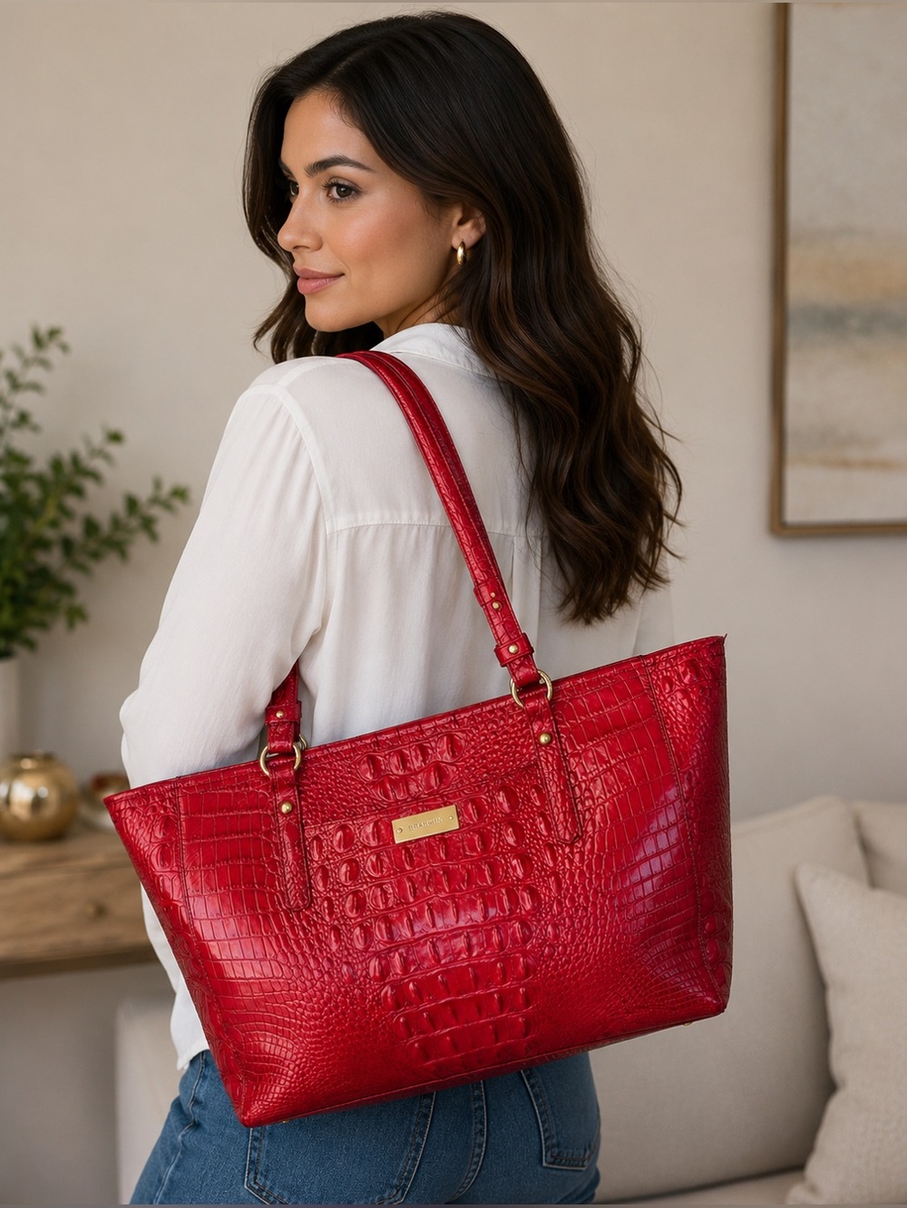Brahmin Medium Asher Tote Red Croc Embossed Leather Shoulder Bag Gold Hardware